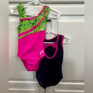 GK Elite Bright Pink/Lime Green and Purple/Pink Bow Back Gymnastics Leotard Set